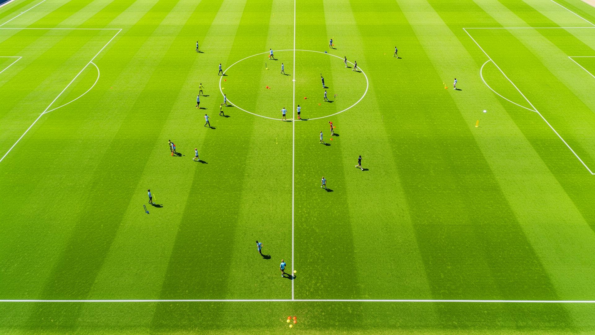 Aerial view of a soccer pitch during training — PlayR AI perspective